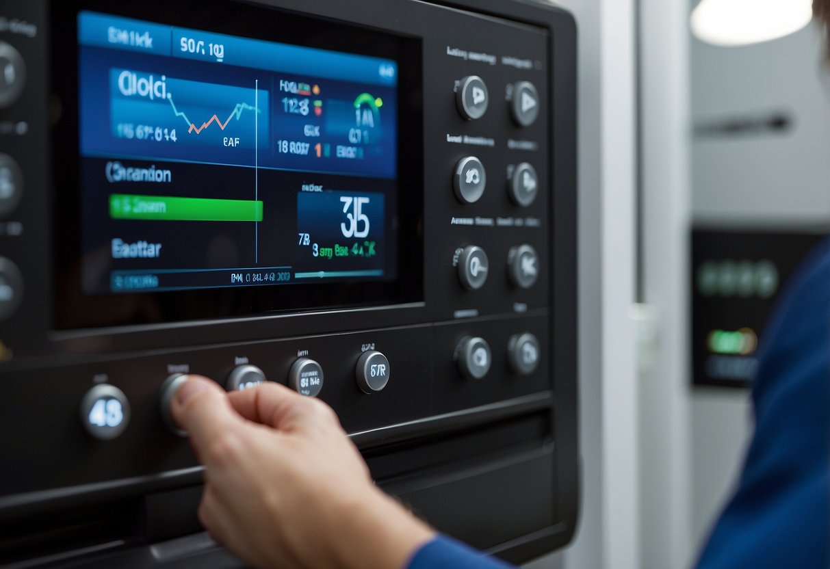 A technician adjusts a thermostat, surrounded by energy-saving devices and a chart showing reduced energy consumption