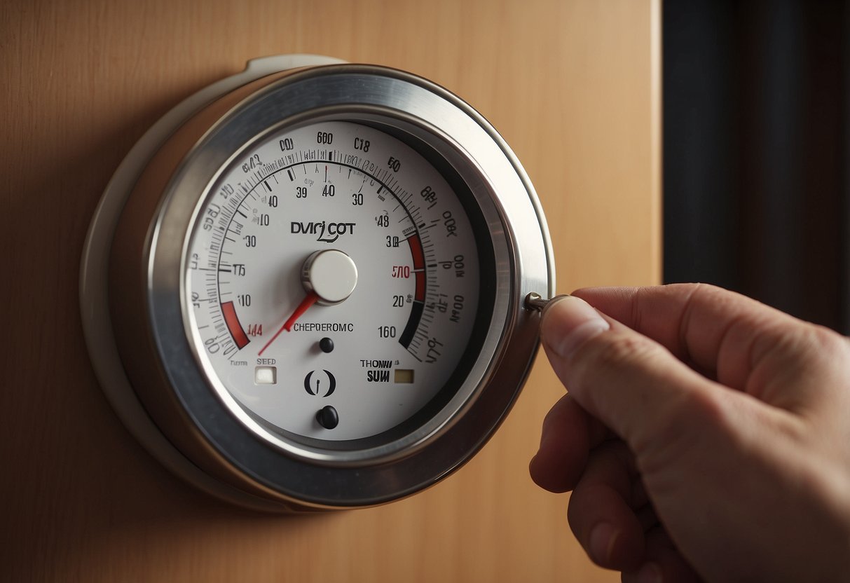 A hand adjusting a thermostat dial with a screwdriver. A temperature gauge shows a discrepancy. An open manual sits nearby