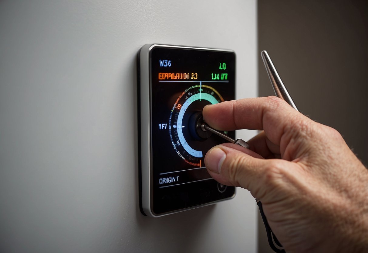 A hand adjusting a thermostat dial with a screwdriver, while a digital thermometer displays incorrect temperature readings