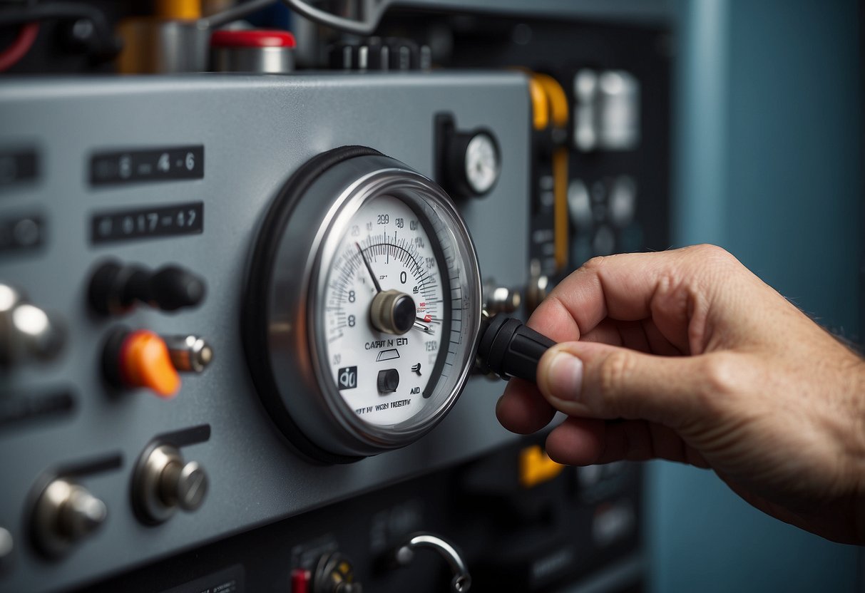 A hand adjusting a screwdriver on a thermostat dial, with various calibration tools and equipment in the background