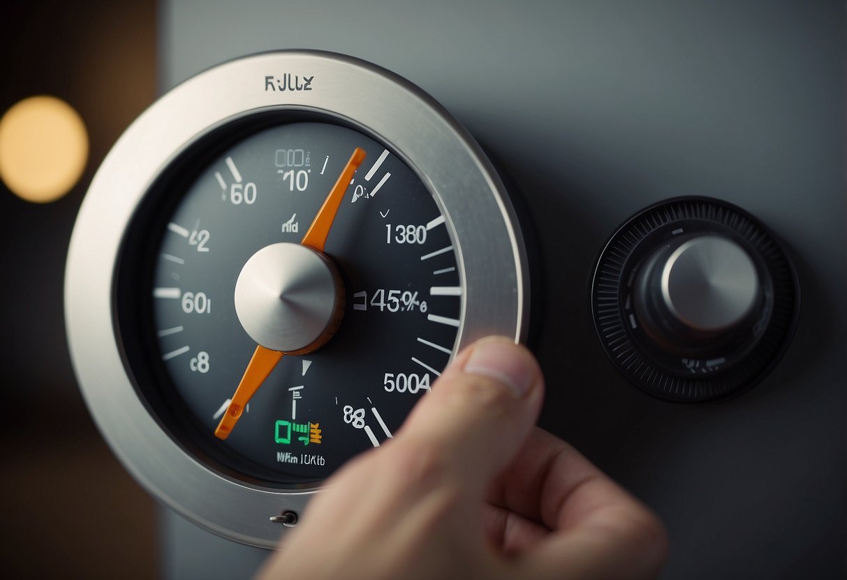 A hand adjusting a thermostat dial with a screwdriver. An HVAC system in the background with arrows pointing towards the thermostat