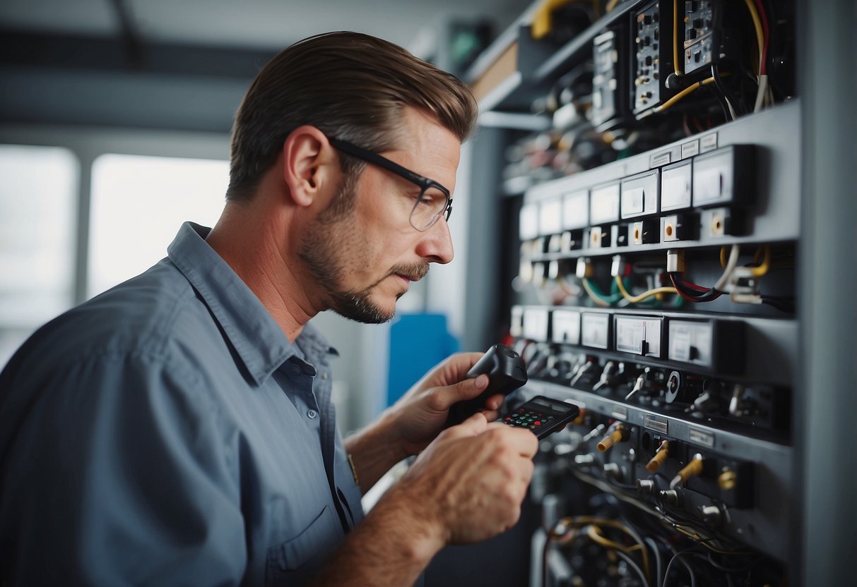 A technician adjusting dials on a thermostat, surrounded by HVAC equipment and tools