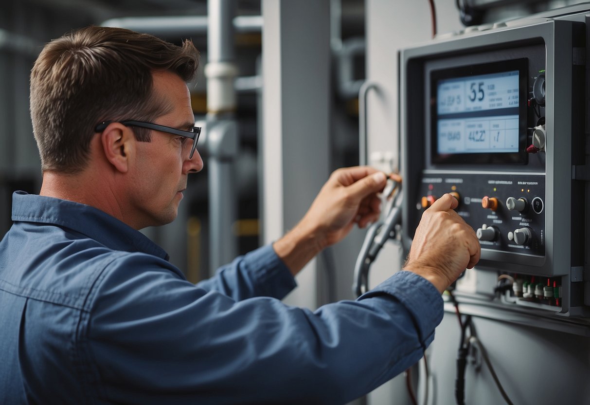 A technician calibrates a thermostat for an HVAC system with precision tools and equipment in a clean and organized work environment