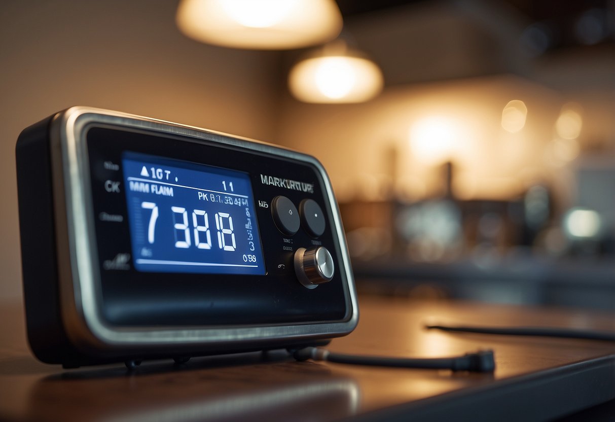 A thermostat is being adjusted with a screwdriver while a temperature gauge shows the current reading. An HVAC system is in the background, emitting warm air