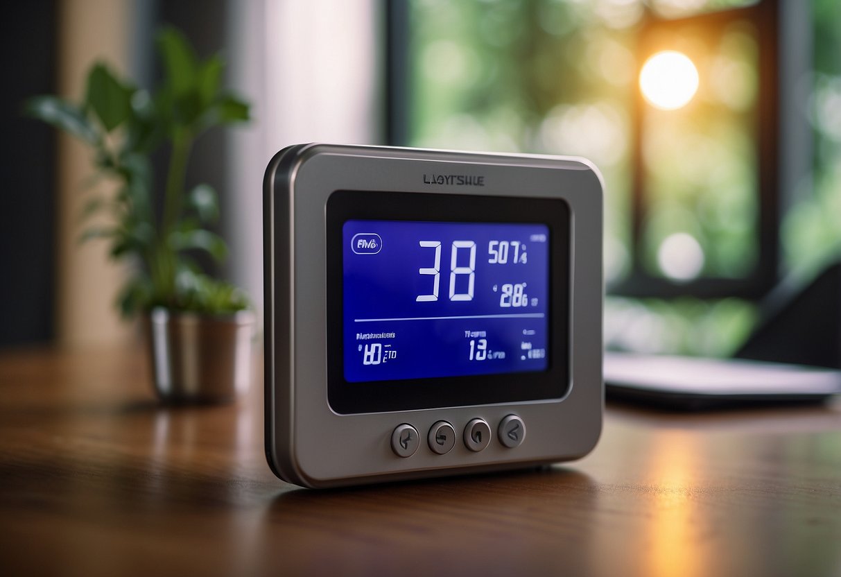 A thermostat set to an optimal temperature, surrounded by energy-efficient HVAC system components, with a cozy and inviting atmosphere