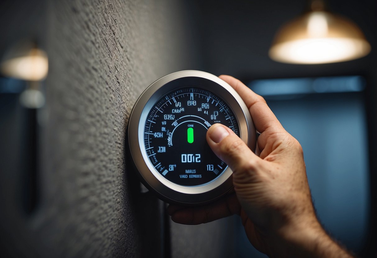 A hand adjusts a thermostat on a wall, while arrows indicate the flow of air through vents and ducts in the background