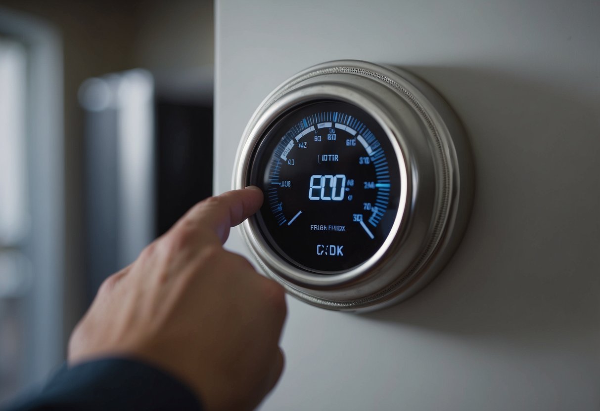 A hand adjusting a thermostat dial to optimize HVAC efficiency. Temperature gauge and HVAC system in background