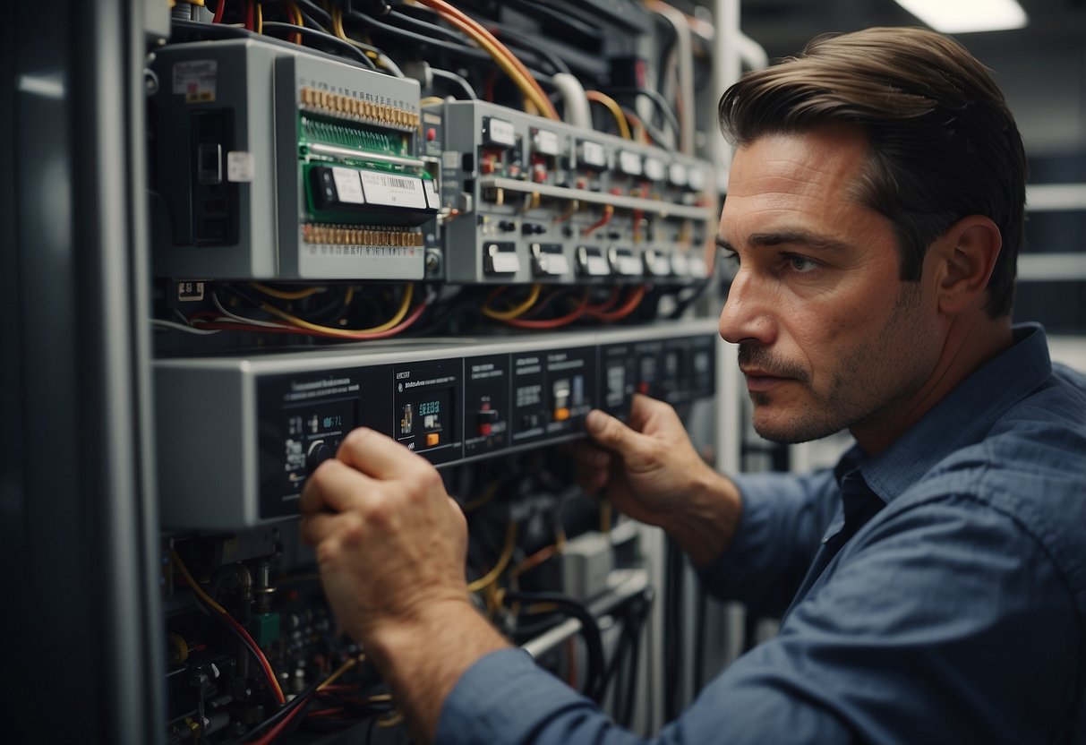 An HVAC technician adjusts thermostat settings with precision tools in a controlled environment for optimal system performance