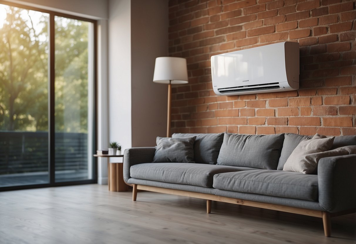 A ductless heating system mounted on a wall, with outdoor unit connected by pipes. Indoor unit blows warm air into a modern living room