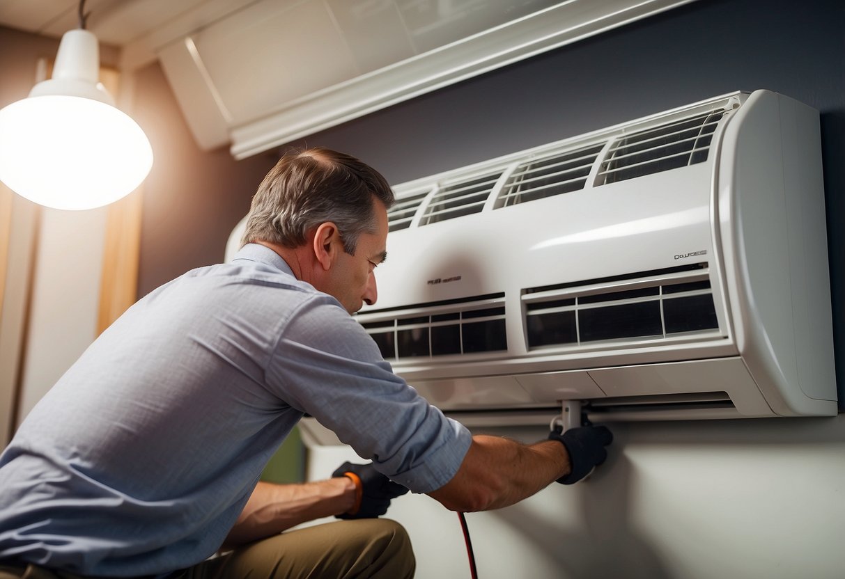 A technician installs a ductless heating system, checking for proper positioning and connections. Regular maintenance ensures optimal performance