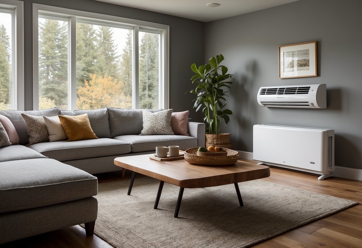 A ductless heating system is shown with cost and design options. Benefits are highlighted in a modern home setting