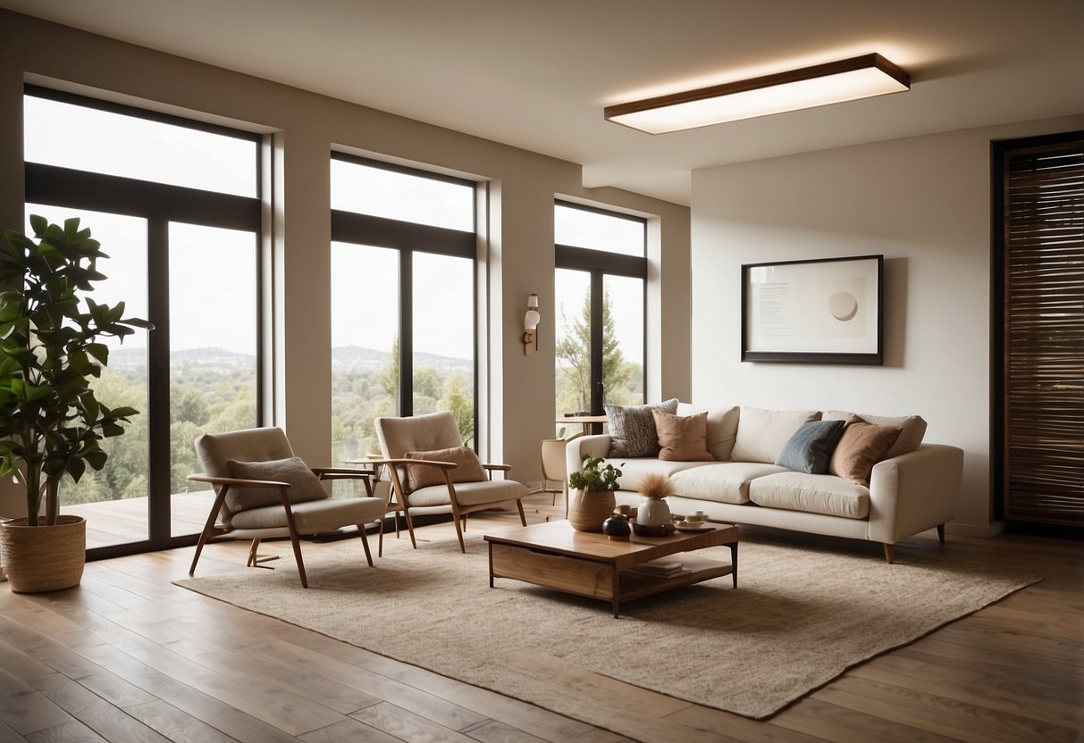 A ductless heating system mounted on a wall, with sleek design and remote control. Warm air flowing into a cozy, well-lit room