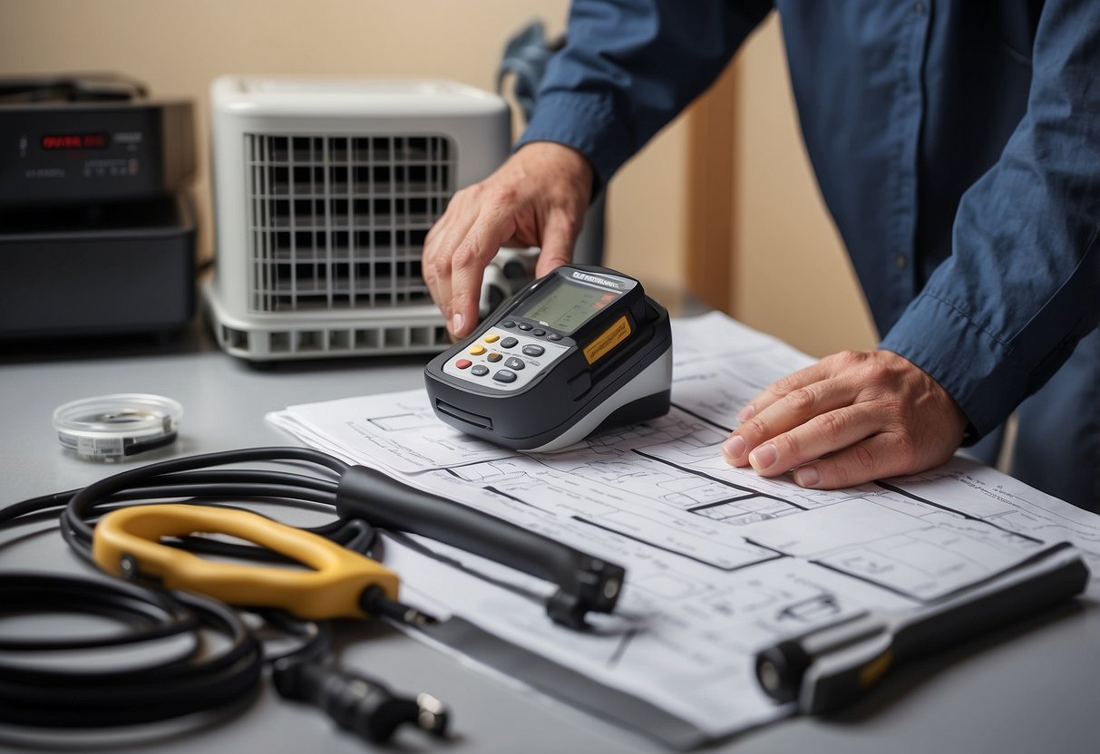 A technician lays out tools and equipment next to a ductless heating system. A blueprint and installation manual are open on a nearby table