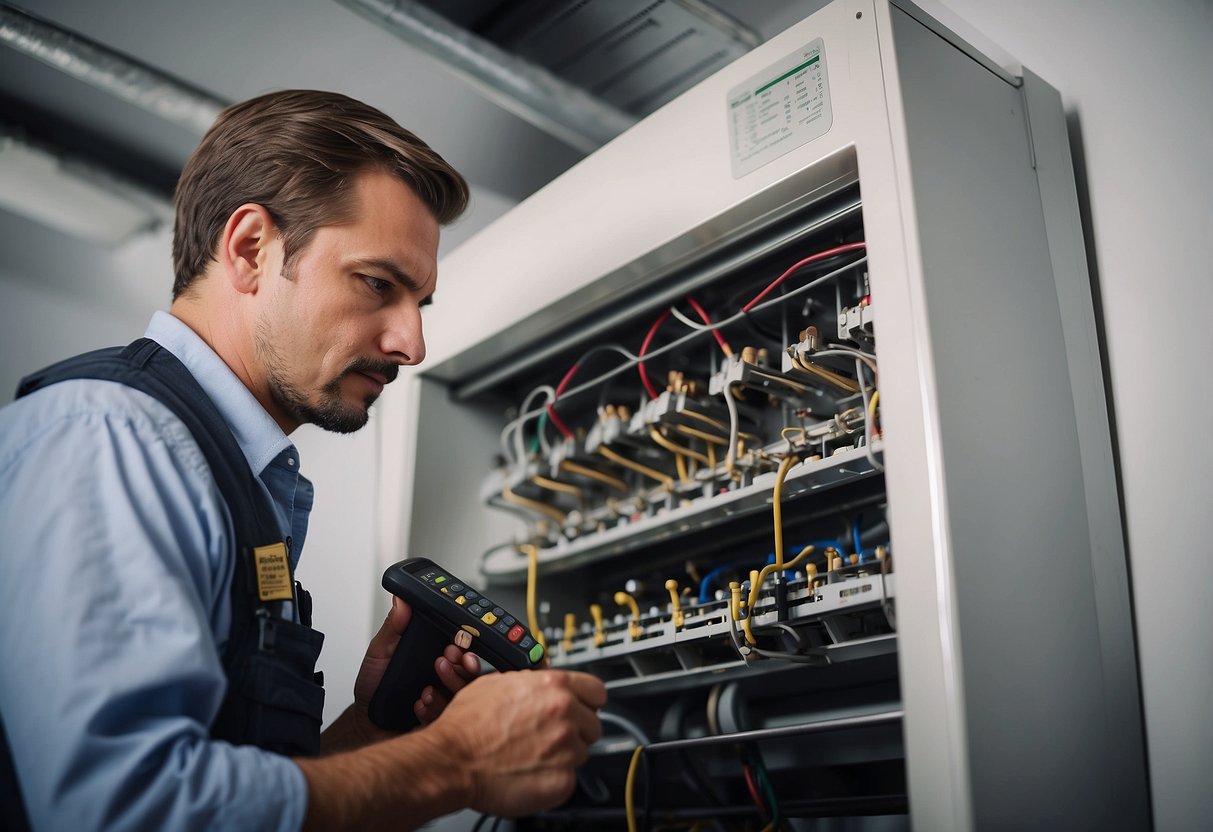 A technician inspecting a ductless heating system with tools and equipment, checking for any signs of wear or damage