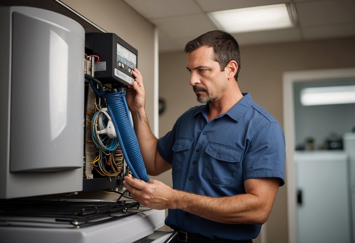 A technician examines a ductless heating system, checking for common issues like clogged filters or faulty thermostats. Tools and diagnostic equipment are scattered nearby