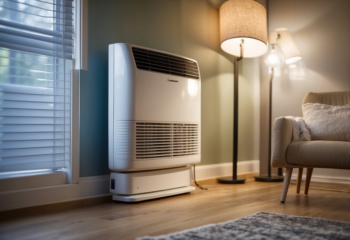 A ductless heating system in a modern, well-insulated room. Energy-efficient features highlighted, such as zoning controls and inverter technology