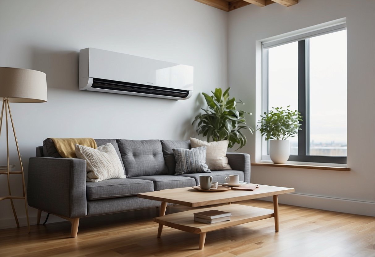 A modern, sleek ductless heating system mounted on a clean, white wall, surrounded by a well-organized and clutter-free environment