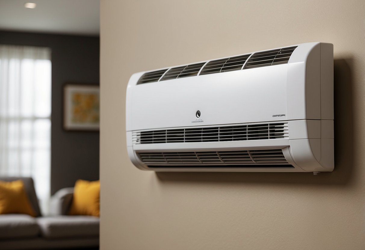 A ductless heating system mounted on a wall with cost considerations displayed nearby