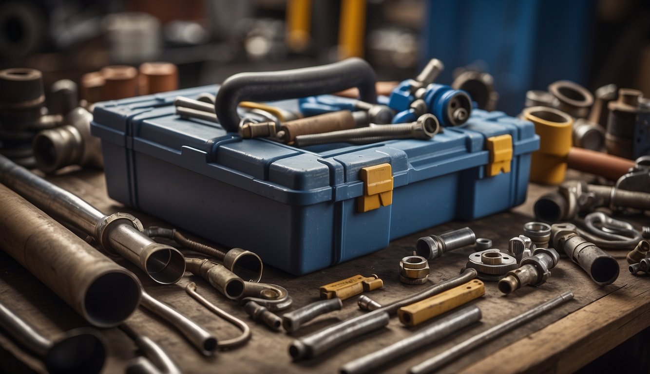 A toolbox and a set of pipes lay on a cluttered workbench, with a blueprint of a plumbing system spread out next to them