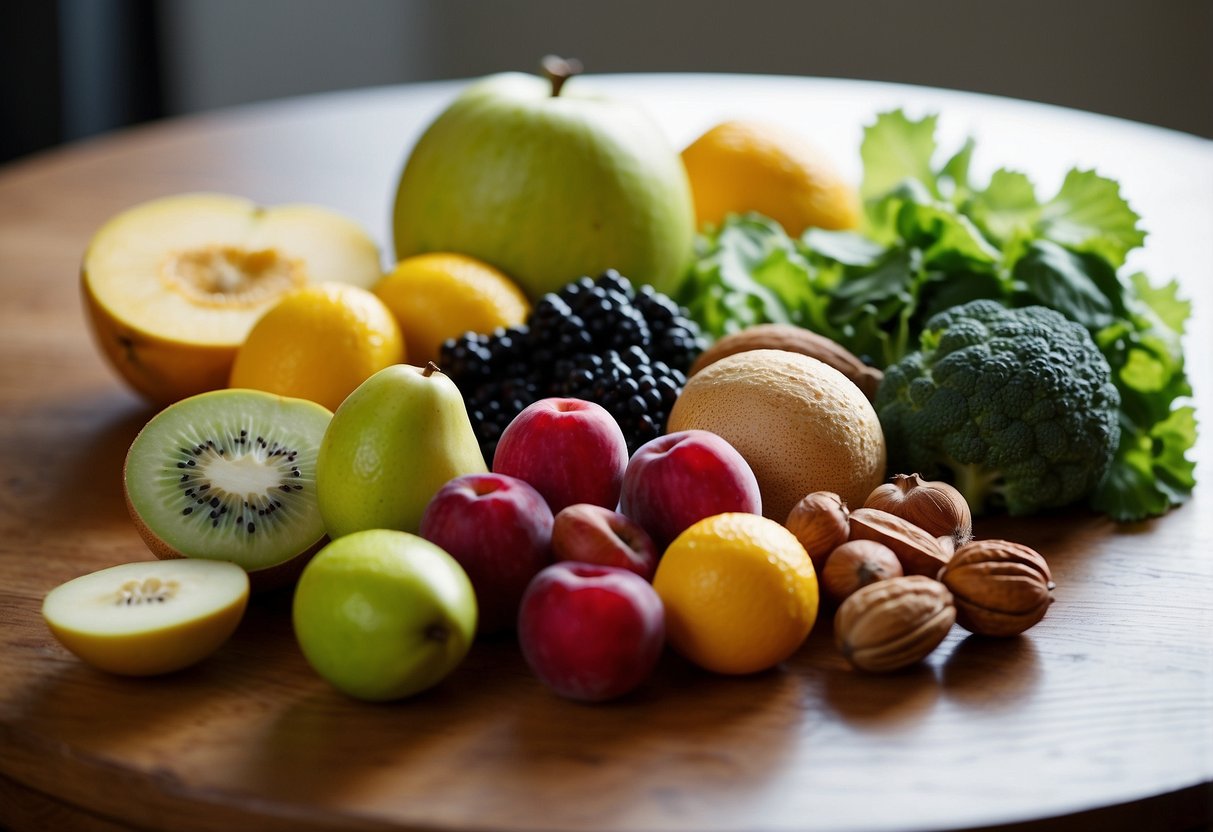 A vibrant array of fertility-boosting foods arranged on a table, including colorful fruits, leafy greens, nuts, and seeds. Bright natural lighting highlights the fresh and nutritious selection