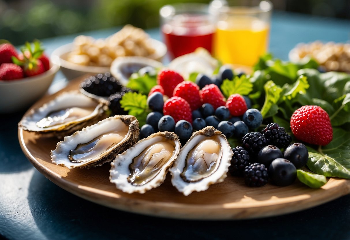 A plate of oysters surrounded by colorful fertility-boosting foods like berries, leafy greens, and nuts. A sunny, vibrant backdrop adds to the scene