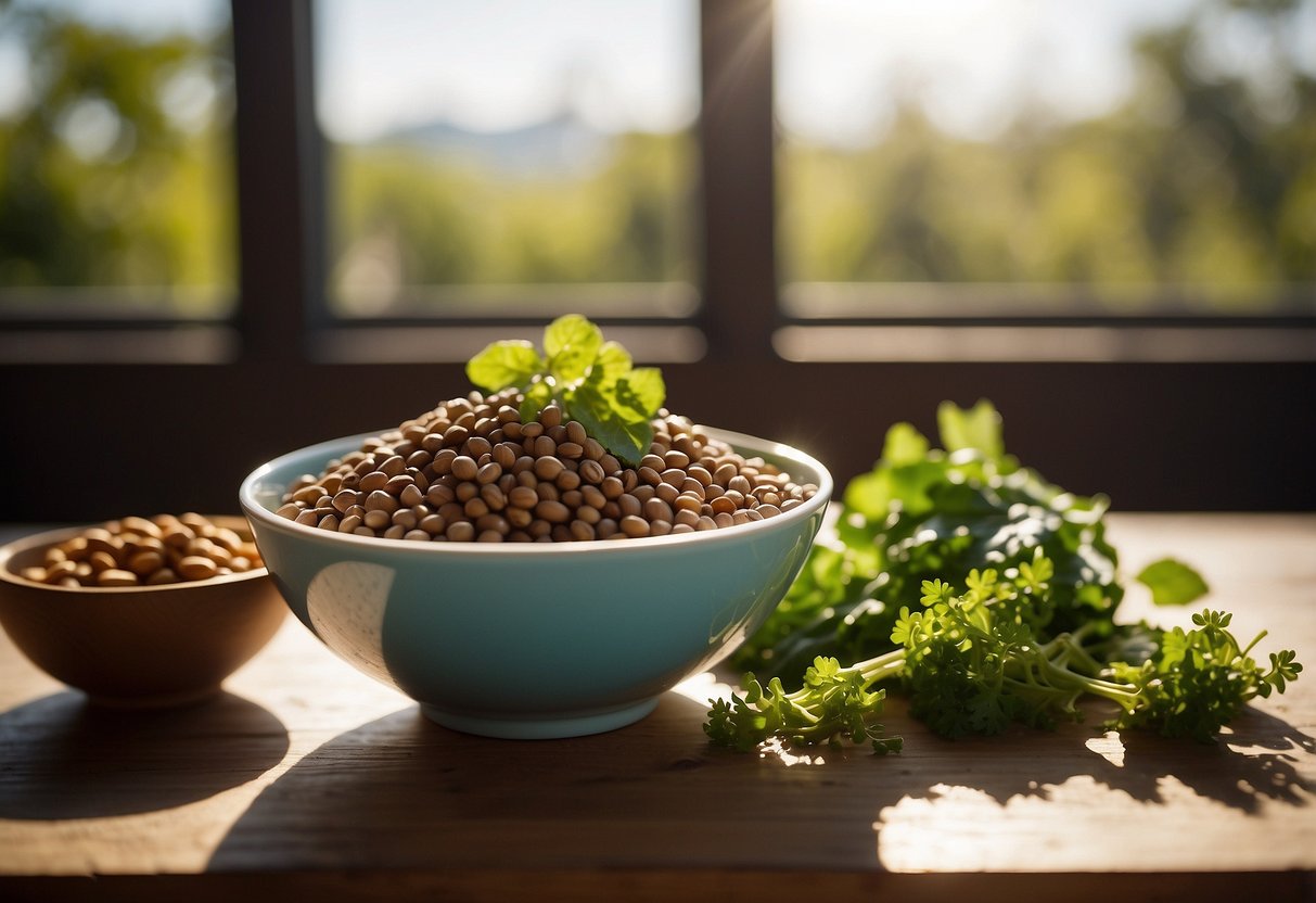 A bowl of lentils surrounded by fertility-boosting foods like nuts, leafy greens, and berries on a wooden table. Sunlight streaming in from a window highlights the vibrant colors of the ingredients