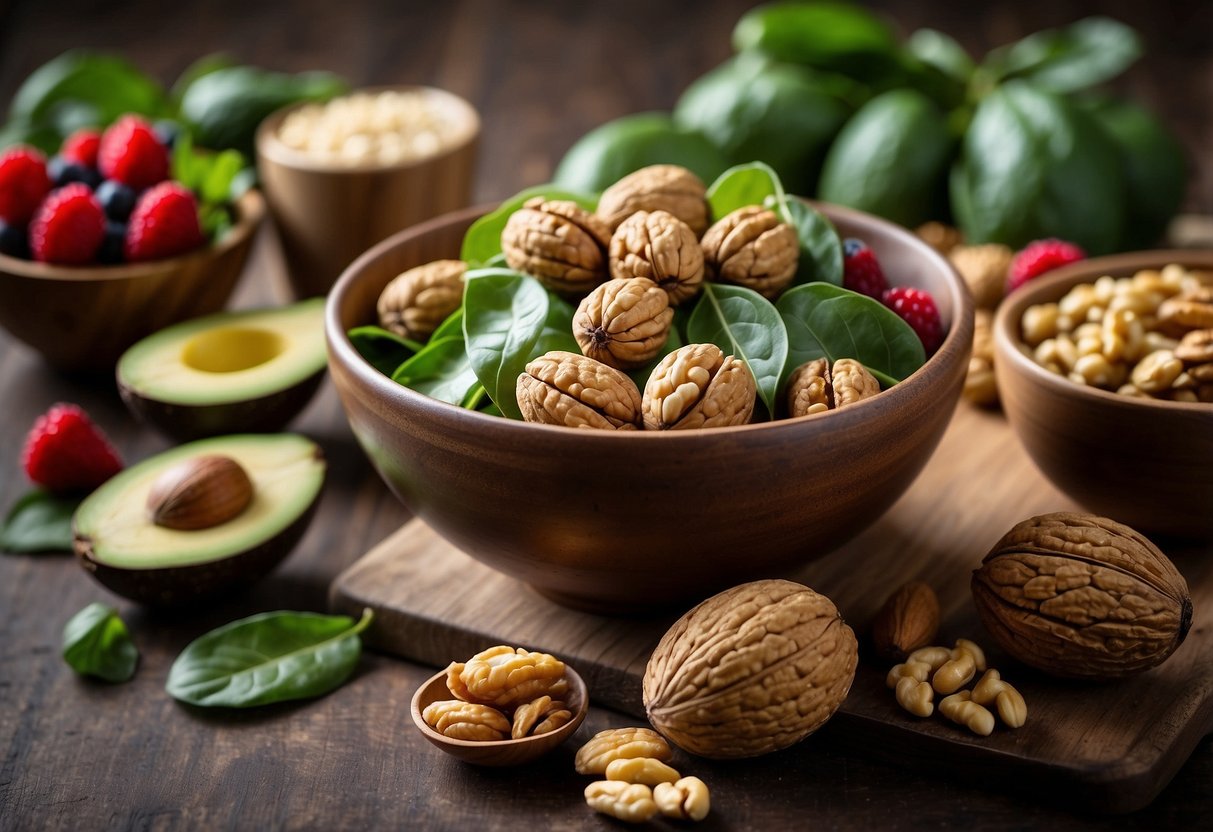 A bowl of walnuts surrounded by fertility-boosting foods like spinach, avocado, and berries. Bright, natural lighting illuminates the scene