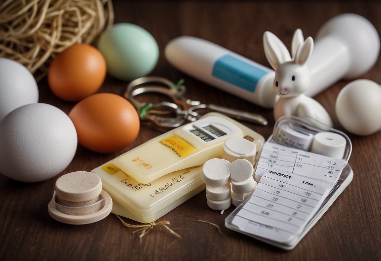 A stack of pregnancy tests, a calendar, a fertility symbol, a stork, a cracked egg, a rabbit's foot, and a horseshoe