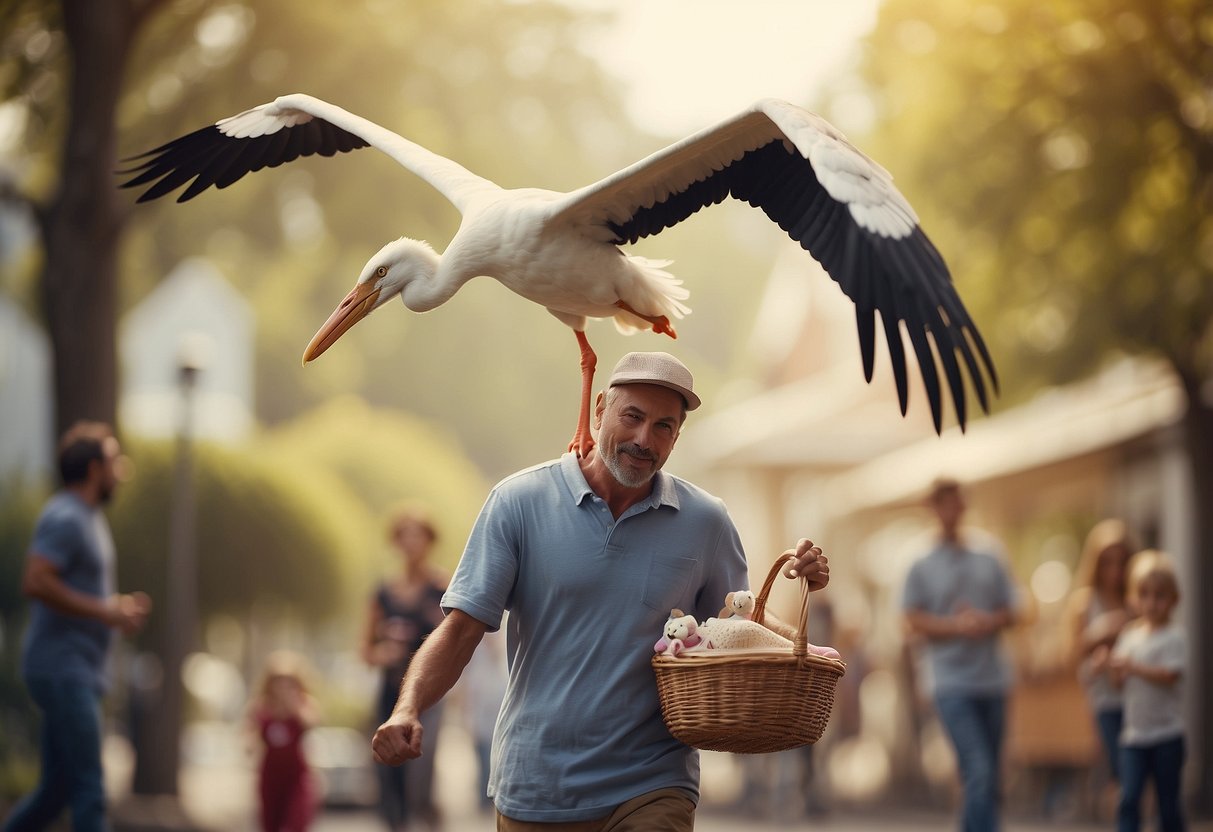 A stork delivering a baby to a couple with a banner reading "Debunked Myths About Getting Pregnant" in the background