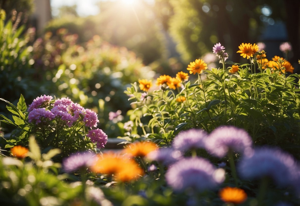 A lush garden with vibrant, blooming flowers and healthy, thriving plants. A clear blue sky and warm sunlight illuminate the scene