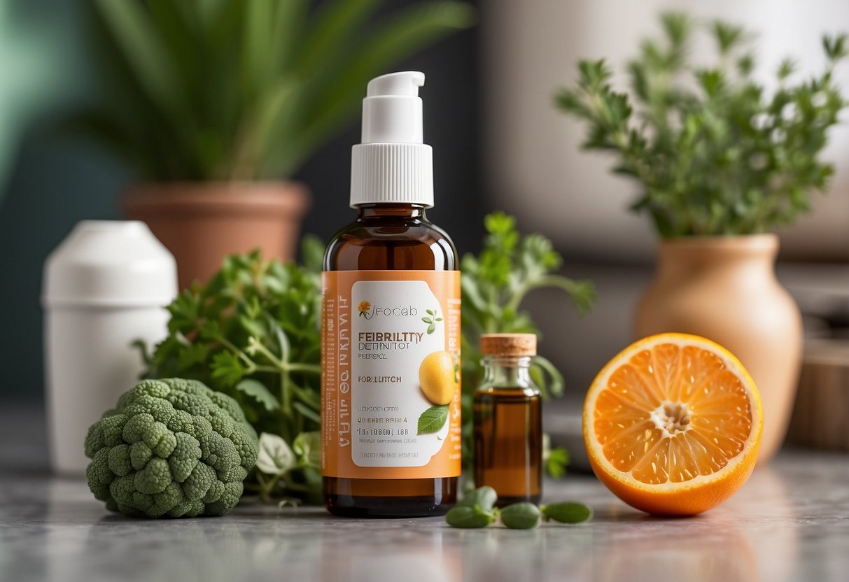 A bottle of fertility-friendly lubricant surrounded by natural fertility-boosting items like herbs, fruits, and vegetables, with a doctor's office in the background