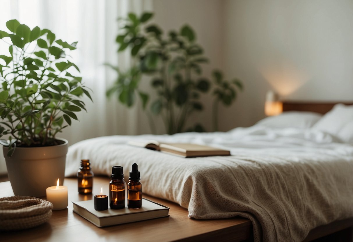 A serene bedroom with soft lighting, a cozy bed, and a small desk with a notebook and pen. A calming atmosphere with plants and essential oils