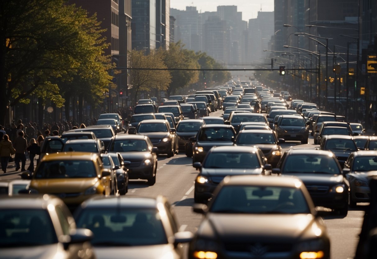 A busy city street with traffic, pollution, and noise. A couple surrounded by electronic devices, stress, and unhealthy food. A clock ticking in the background