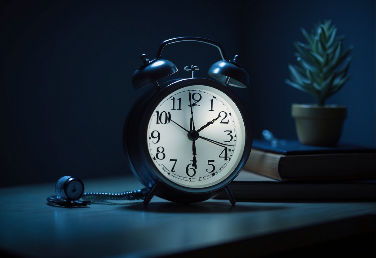 A dimly lit bedroom with a clock showing 3 am, a phone emitting blue light, and a book on fertility on the bedside table. A window with moonlight shining through, casting shadows on the wall