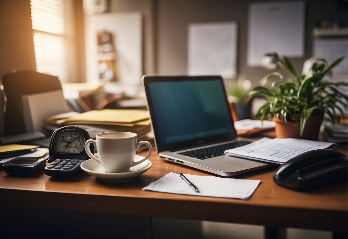 A cluttered desk with a computer, phone, and paperwork. A clock shows the time. A cup of coffee sits half-drunk. A calendar with marked dates. A plant wilting in the corner