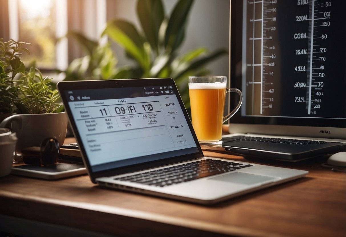 A thermometer surrounded by various objects like a laptop, phone, and hot beverage, with a subtle background of a cozy home setting