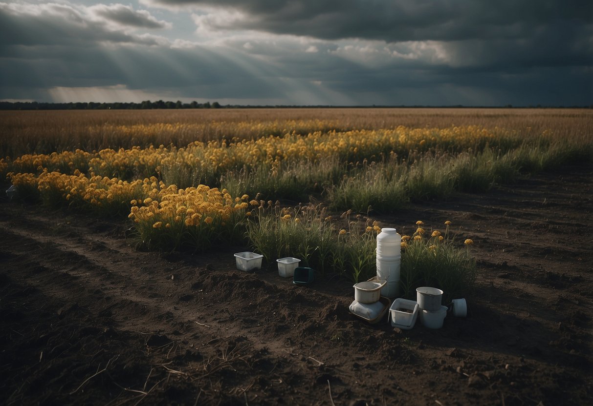 A barren field with wilted plants, surrounded by warning signs and pesticide containers, under a dark, ominous sky