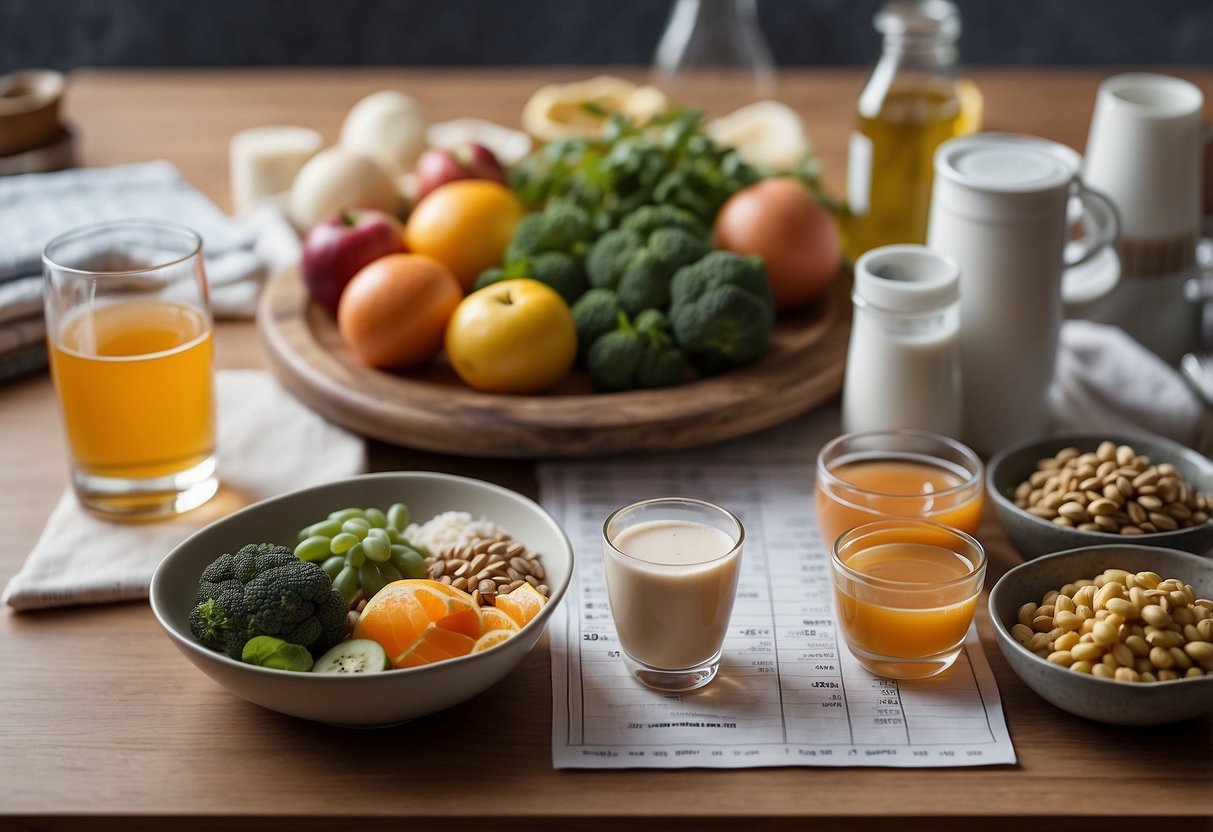 A table with various foods and drinks, surrounded by a fertility chart, exercise equipment, stress-relief items, and a pregnancy test