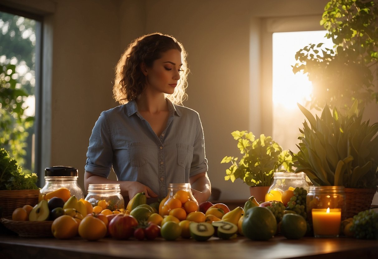 A serene, natural setting with a warm, glowing light. Fruits, vegetables, and prenatal vitamins are arranged on a table. A woman's silhouette stands in the background, surrounded by greenery