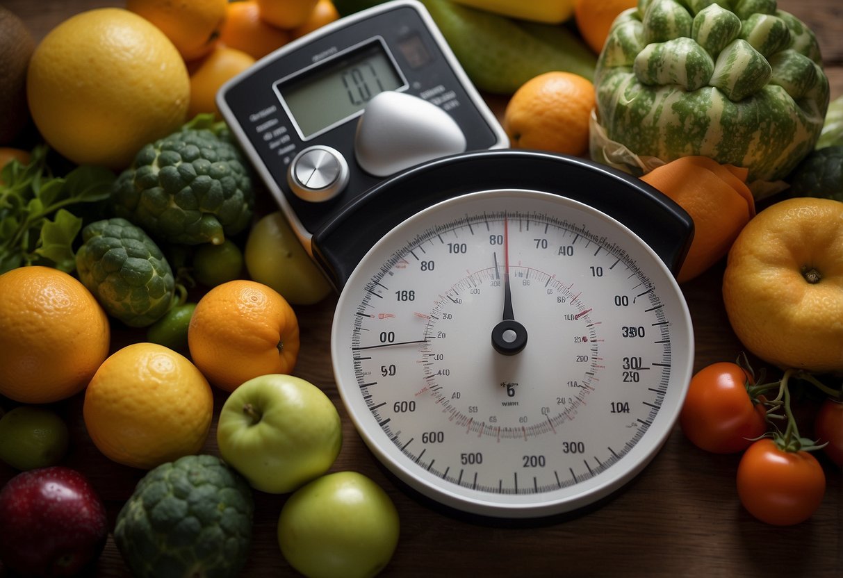 A scale surrounded by fresh fruits and vegetables, a tape measure, a water bottle, and a pair of running shoes