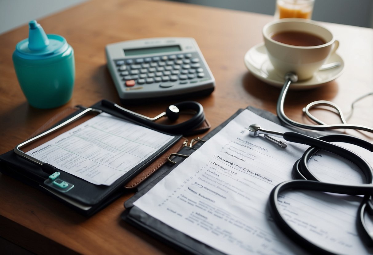 A doctor's office with a stethoscope, pregnancy books, and healthy lifestyle posters. A checklist of preconception tips on a clipboard