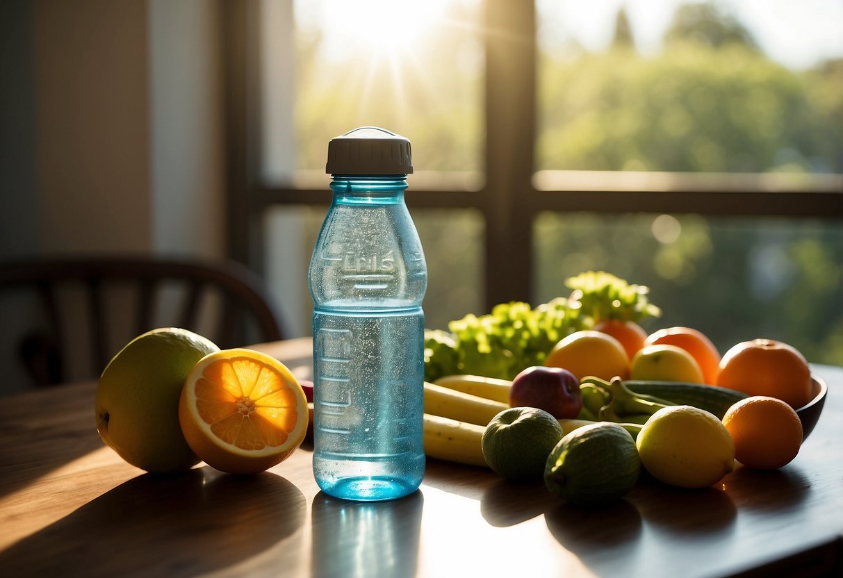 A water bottle surrounded by fruits and vegetables, a prenatal vitamin, and a pregnancy book on a table. Sunlight streams through a window onto the scene