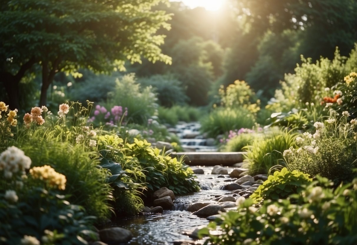 Lush greenery surrounds a peaceful garden with blooming flowers and a gentle stream. Fresh fruits and vegetables grow in abundance, while birds chirp in the background