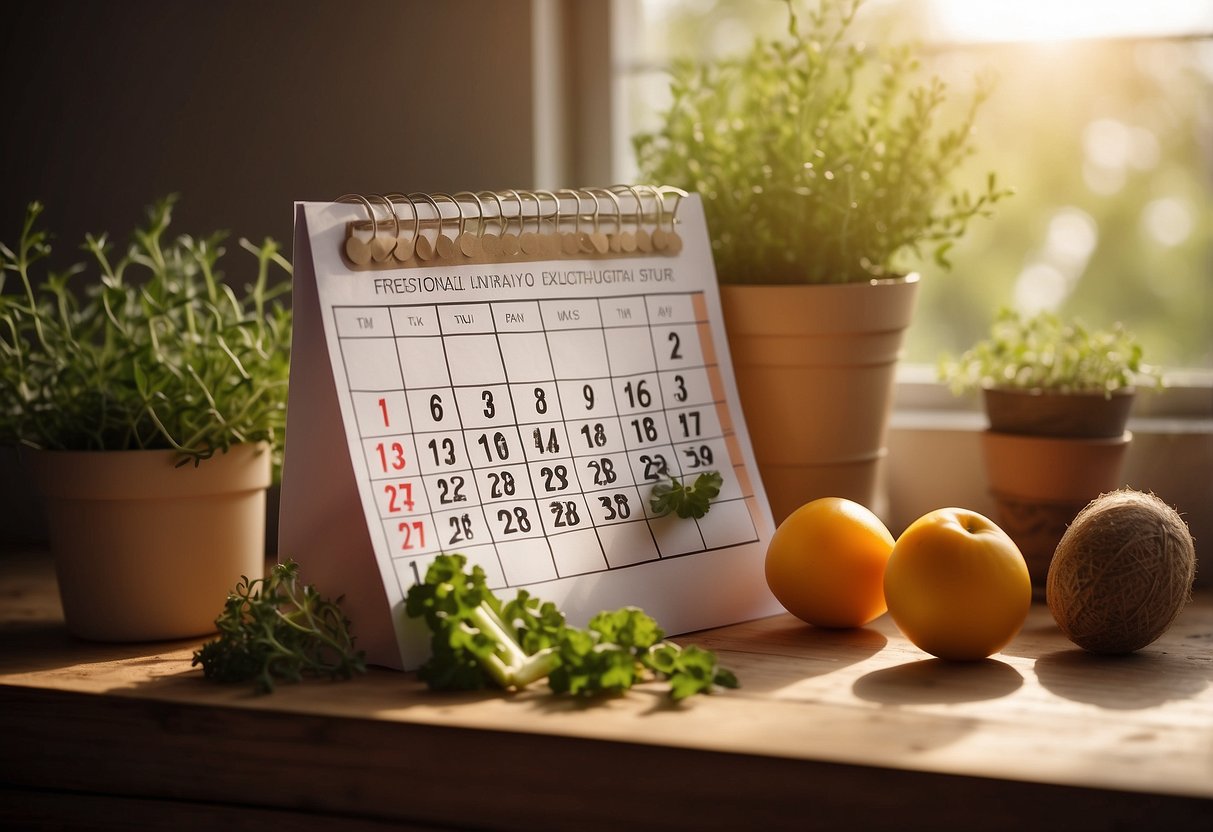 A calendar with marked ovulation days, surrounded by fertility-boosting foods and herbs. Sunlight streaming in through a window, casting a warm glow