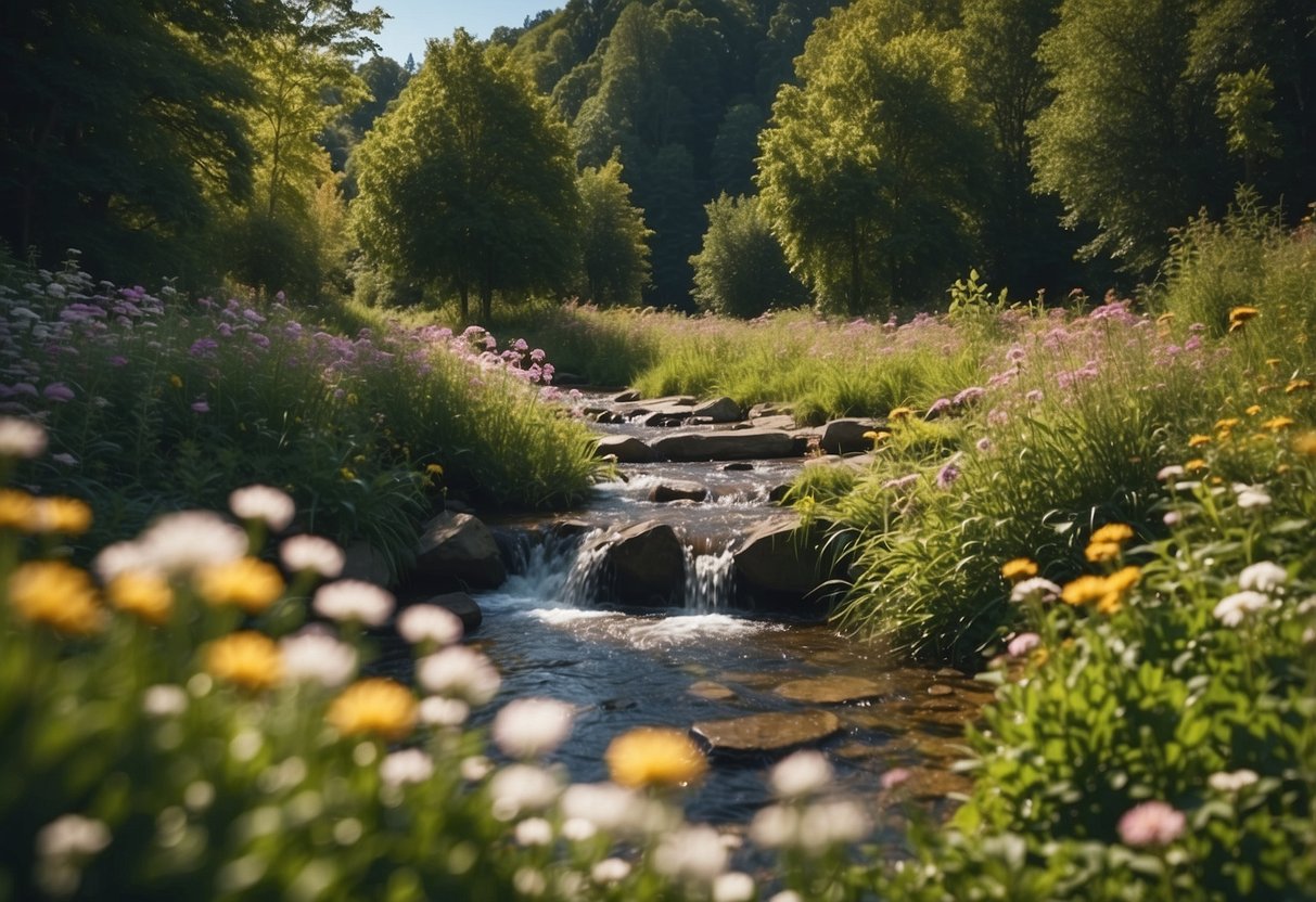 A serene nature scene with a clear blue sky, lush greenery, and a peaceful stream, surrounded by vibrant flowers and plants