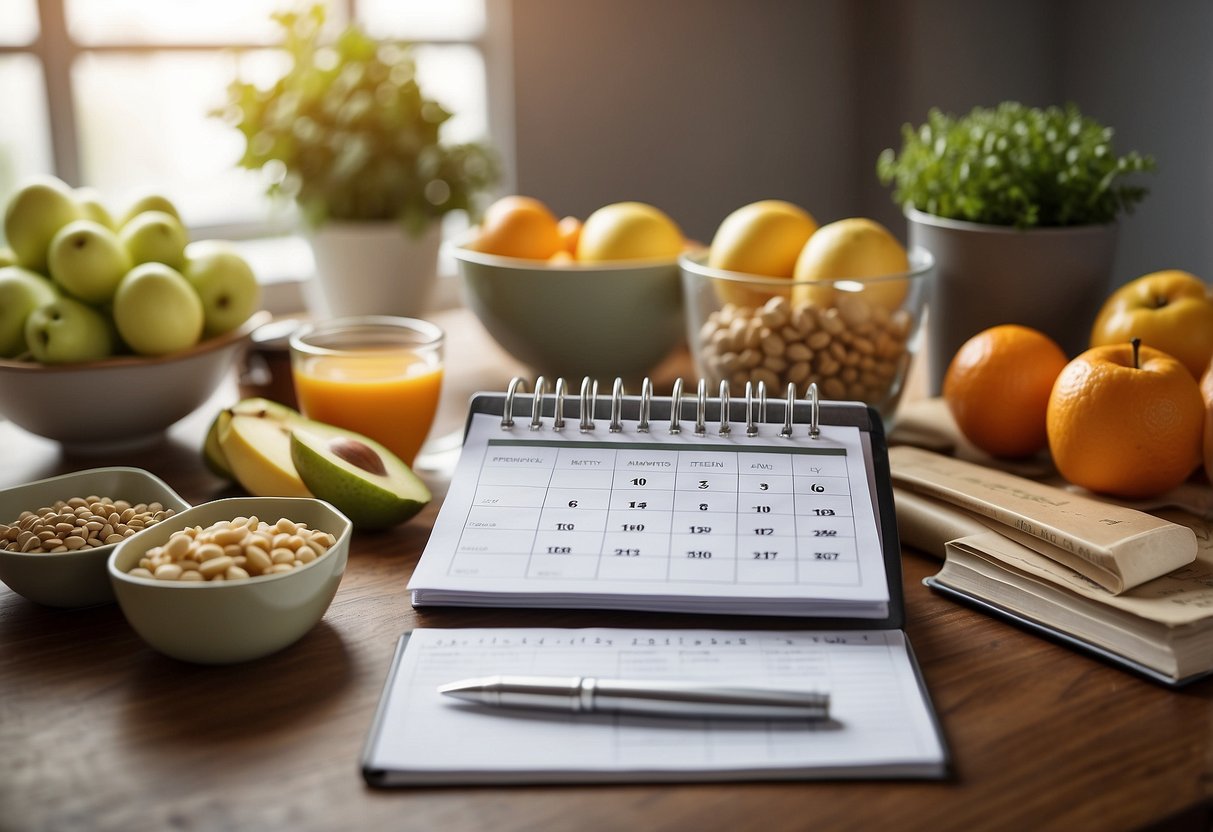 A desk with a calendar, prenatal vitamins, a healthy meal plan, and a list of recommended prenatal exercises