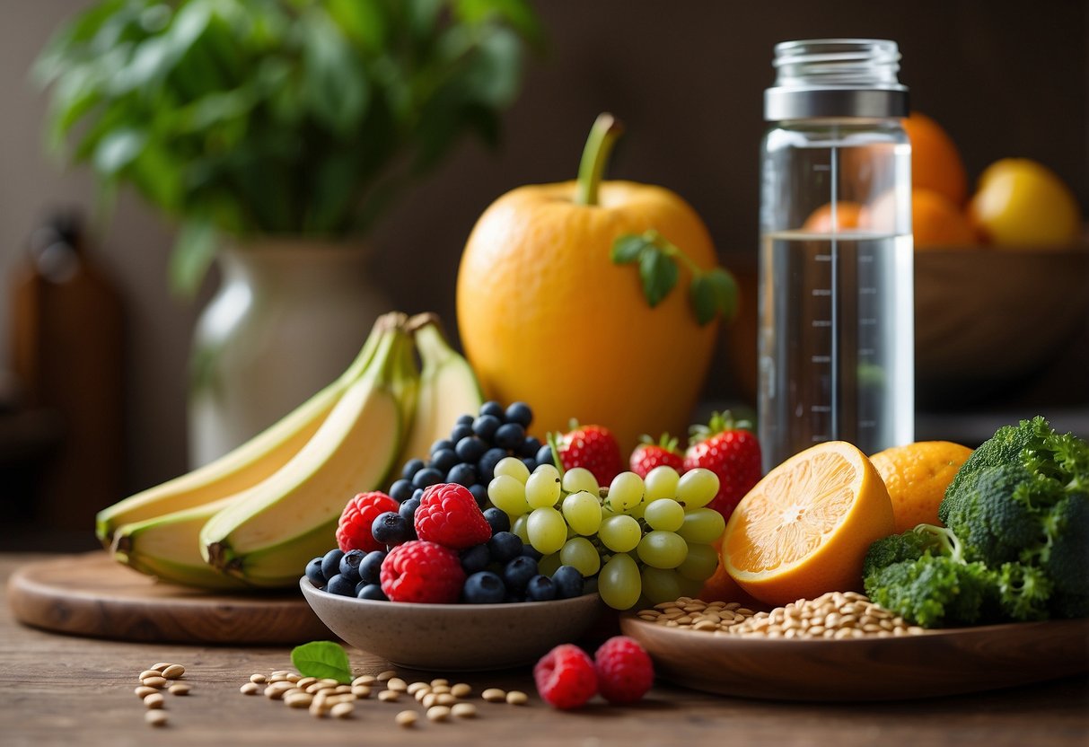 A variety of colorful fruits, vegetables, grains, and lean proteins arranged on a table. A glass of water and a prenatal vitamin bottle nearby