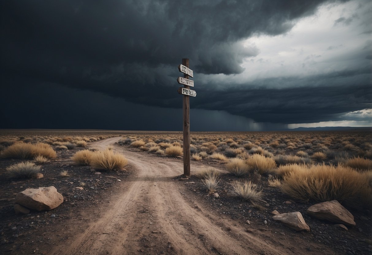 Dark storm clouds loom over a barren, rocky landscape. A signpost points to desolate, abandoned tourist attractions. A sense of isolation and despair permeates the scene