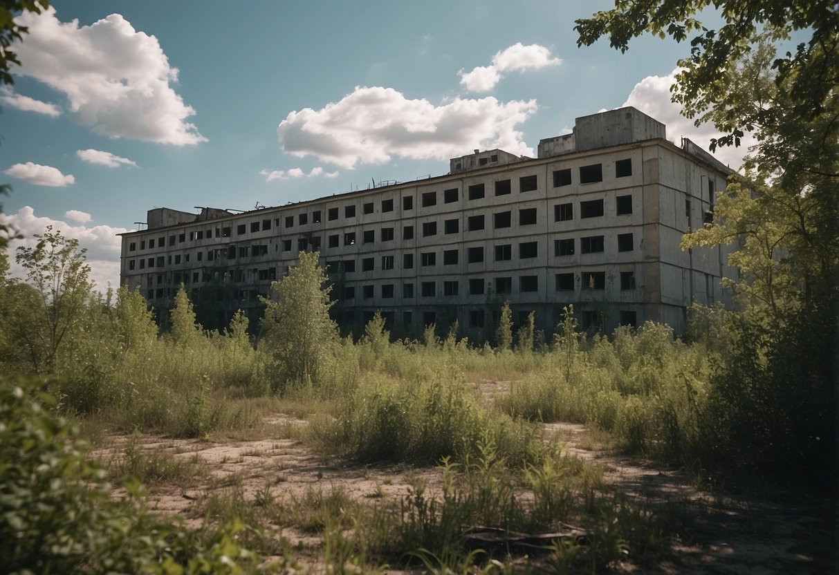 Desolate Chernobyl landscape with abandoned buildings and overgrown vegetation, evoking a sense of eerie desolation and the aftermath of a catastrophic disaster