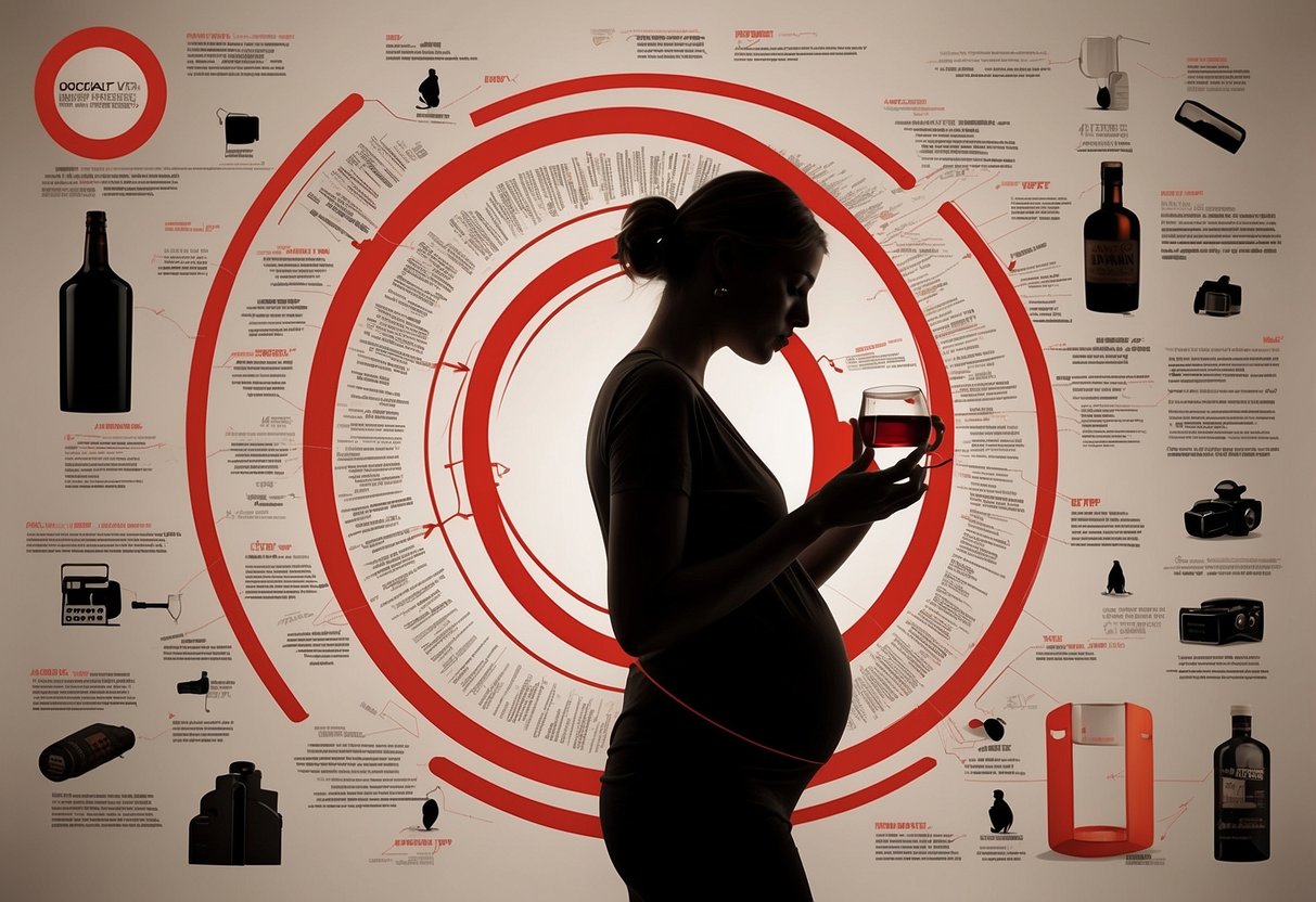 A pregnant woman's silhouette with a red circle and line through a cigarette and alcohol bottle, surrounded by 5 essential steps in text